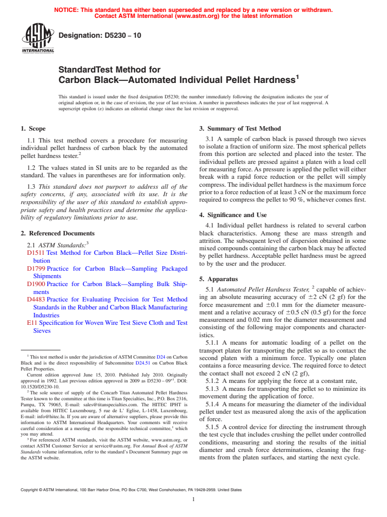 ASTM D5230-10 - Standard Test Method for Carbon Black&#8212;Automated Individual Pellet Hardness