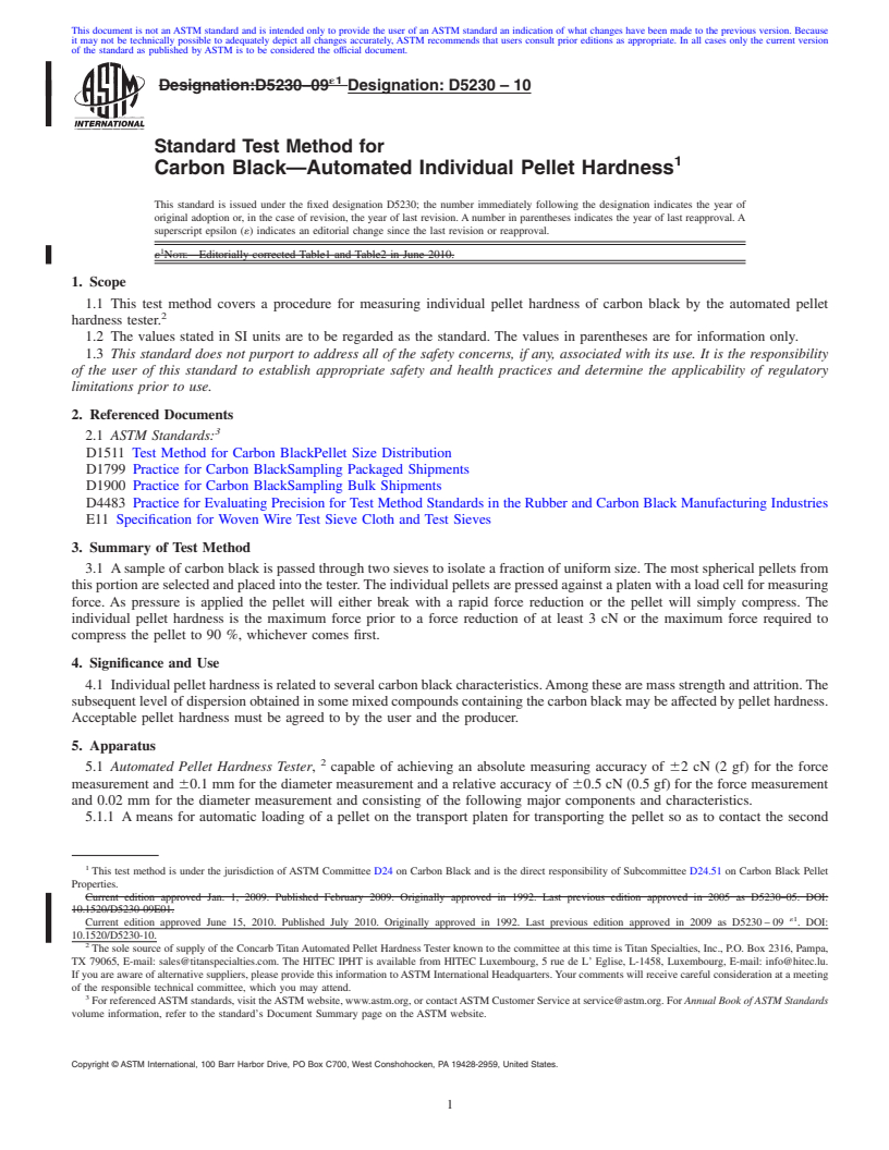 REDLINE ASTM D5230-10 - Standard Test Method for Carbon Black&#8212;Automated Individual Pellet Hardness