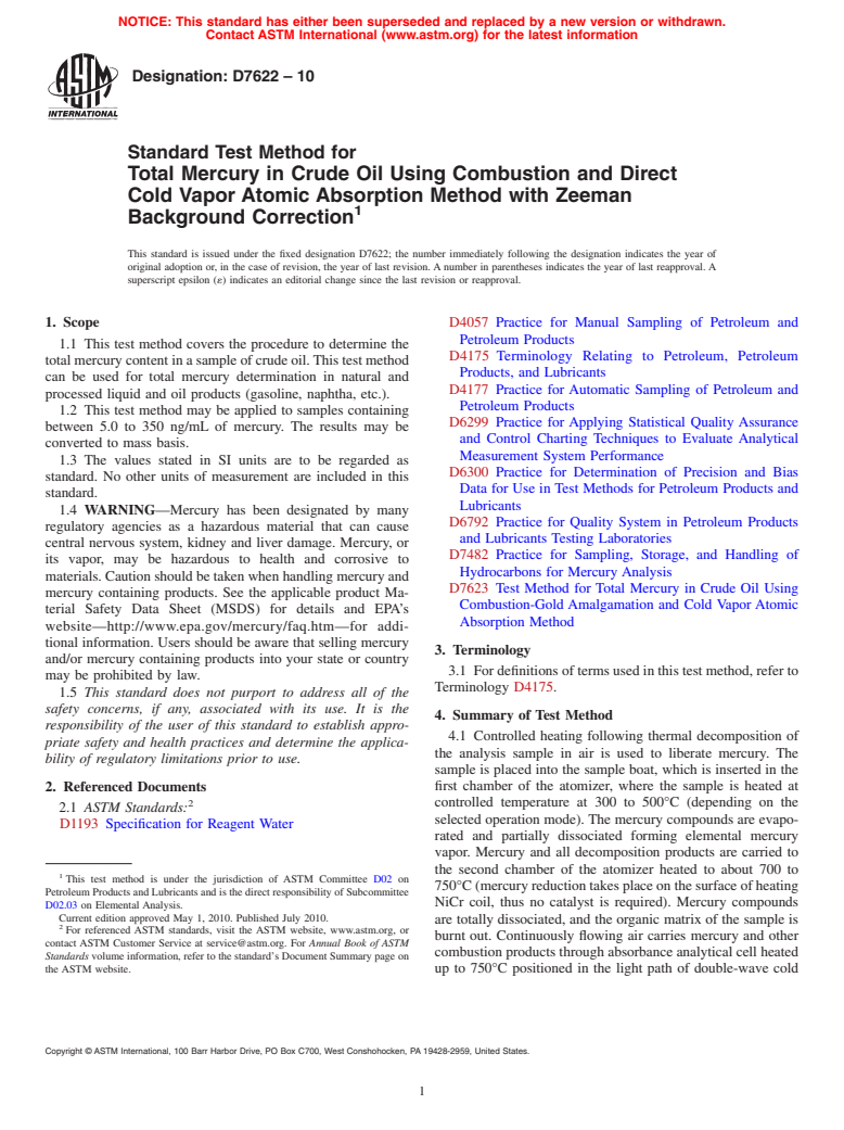 ASTM D7622-10 - Standard Test Method for Total Mercury in Crude Oil Using Combustion and Direct Cold Vapor Atomic Absorption Method with Zeeman Background Correction