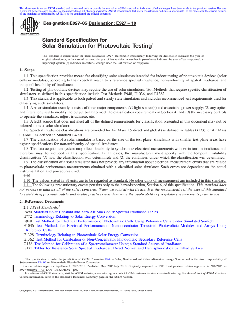 REDLINE ASTM E927-10 - Standard Specification for Solar Simulation for Terrestrial Photovoltaic Testing