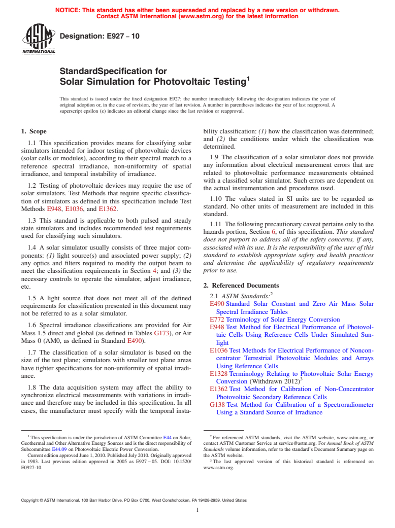 ASTM E927-10 - Standard Specification for Solar Simulation for Terrestrial Photovoltaic Testing