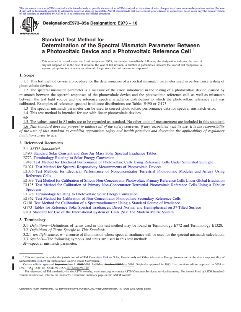 REDLINE ASTM E973-10 - Standard Test Method for Determination of the Spectral Mismatch Parameter Between a Photovoltaic Device and a Photovoltaic Reference Cell