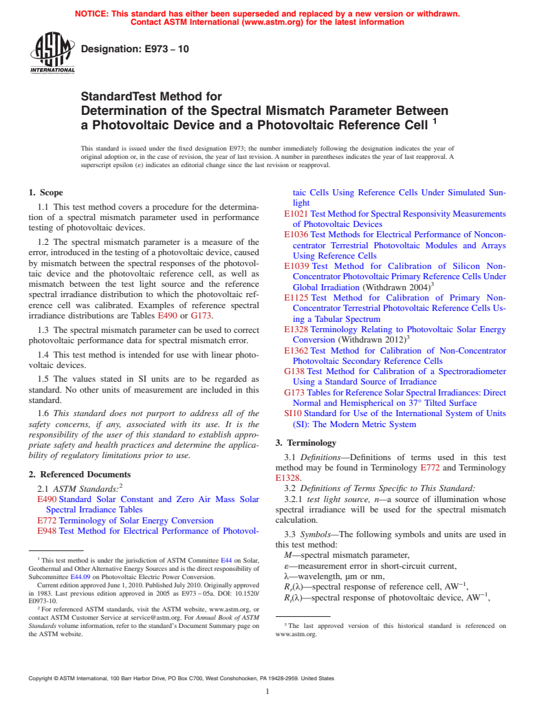 ASTM E973-10 - Standard Test Method for Determination of the Spectral Mismatch Parameter Between a Photovoltaic Device and a Photovoltaic Reference Cell