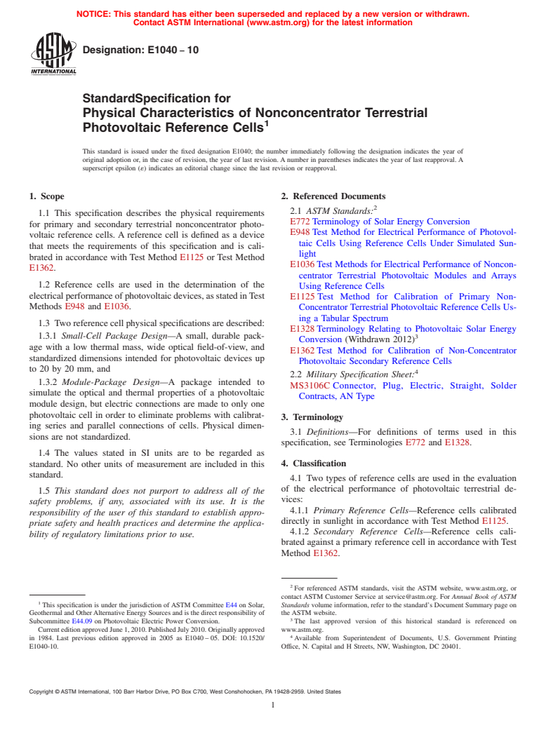 ASTM E1040-10 - Standard Specification for Physical Characteristics of Nonconcentrator Terrestrial Photovoltaic Reference Cells