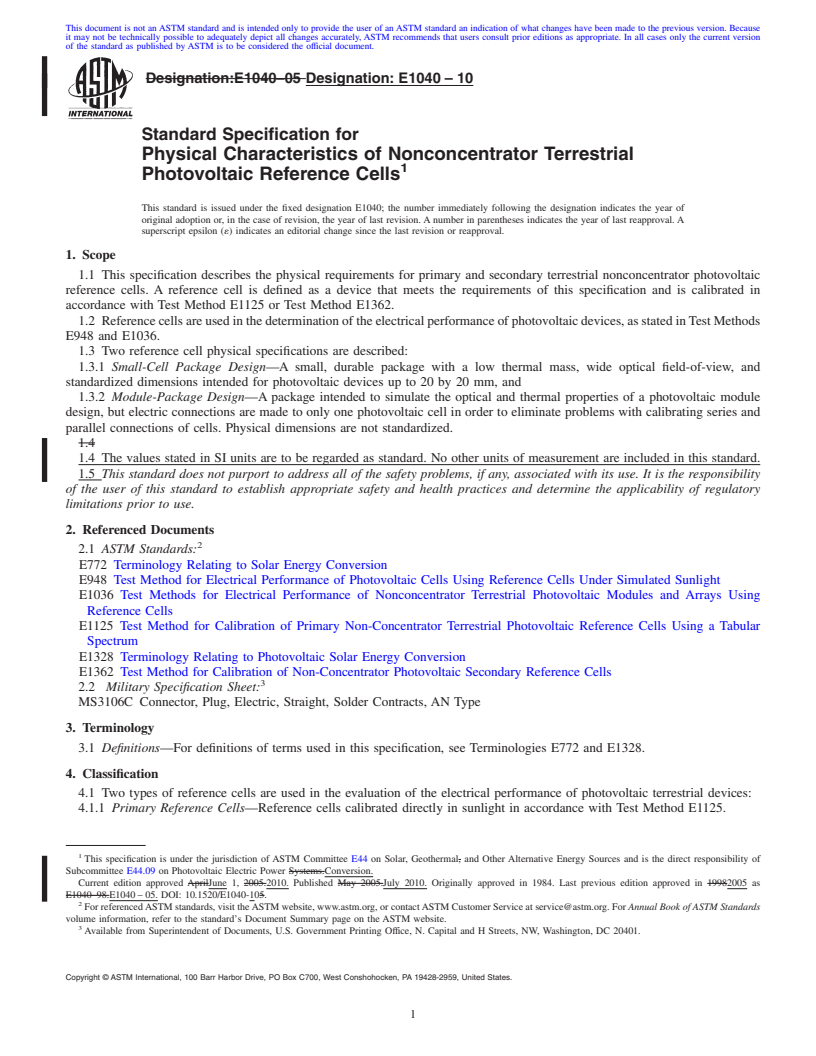 REDLINE ASTM E1040-10 - Standard Specification for Physical Characteristics of Nonconcentrator Terrestrial Photovoltaic Reference Cells