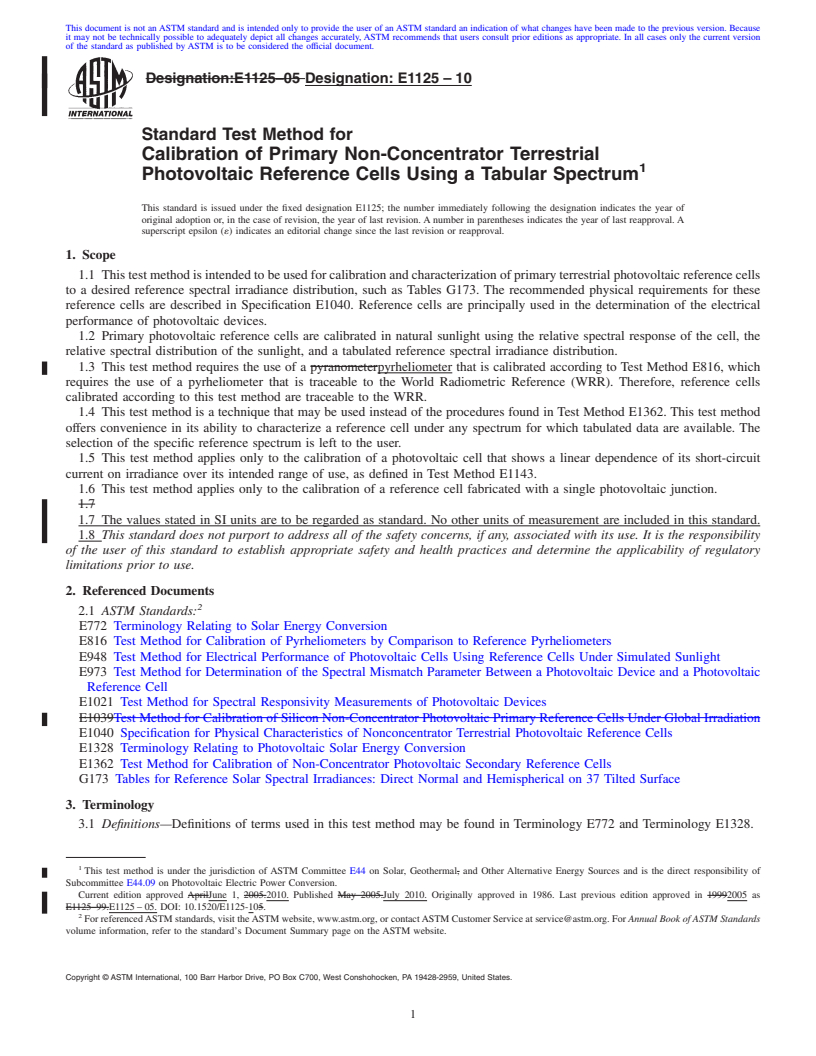 REDLINE ASTM E1125-10 - Standard Test Method for Calibration of Primary Non-Concentrator Terrestrial Photovoltaic Reference Cells Using a Tabular Spectrum