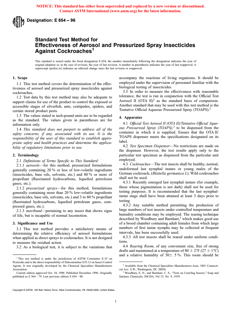 ASTM E654-96 - Standard Test Method for Effectiveness of Aerosol and Pressurized Spray Insecticides Against Cockroaches