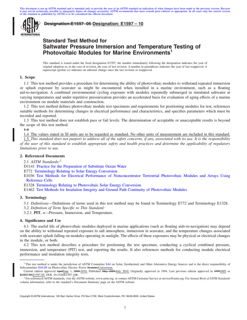 REDLINE ASTM E1597-10 - Standard Test Method for Saltwater Pressure Immersion and Temperature Testing of Photovoltaic Modules for Marine Environments