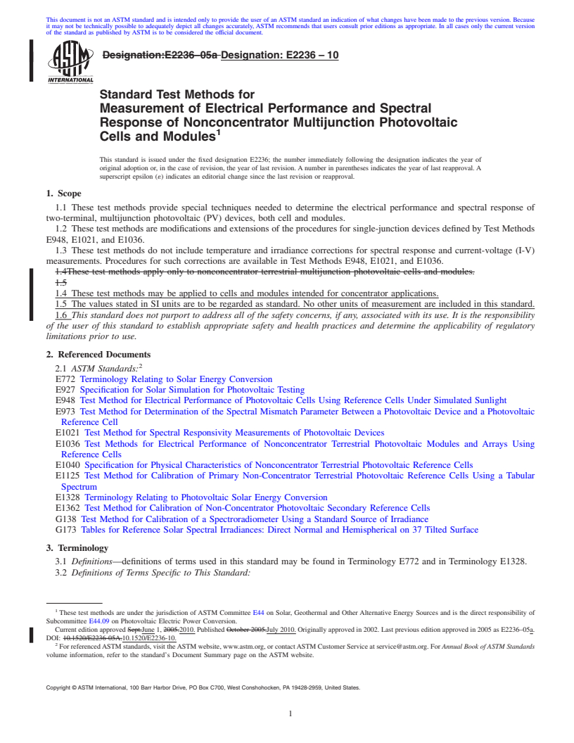 REDLINE ASTM E2236-10 - Standard Test Methods for Measurement of Electrical Performance and Spectral Response of Nonconcentrator Multijunction Photovoltaic Cells and Modules