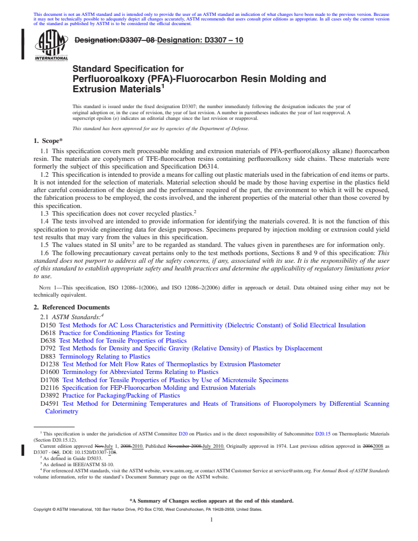 REDLINE ASTM D3307-10 - Standard Specification for Perfluoroalkoxy (PFA)-Fluorocarbon Resin Molding and Extrusion Materials