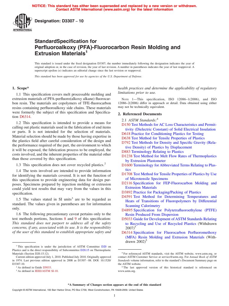 ASTM D3307-10 - Standard Specification for Perfluoroalkoxy (PFA)-Fluorocarbon Resin Molding and Extrusion Materials