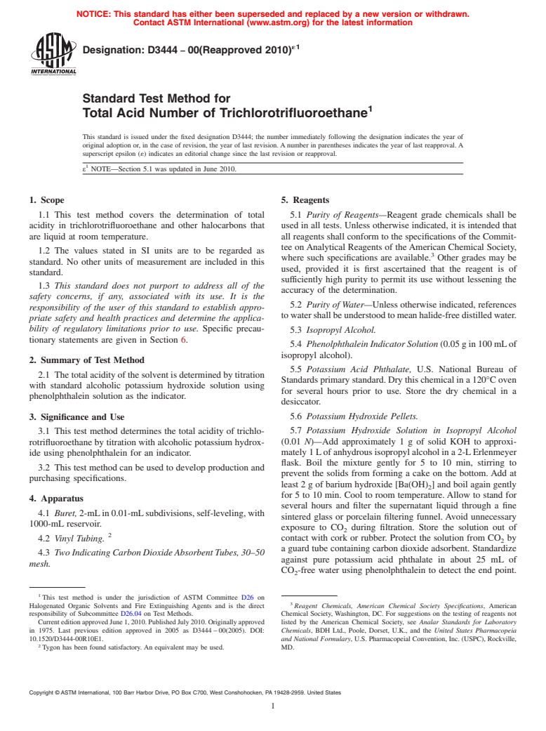 ASTM D3444-00(2010)e1 - Standard Test Method for Total Acid Number of Trichlorotrifluoroethane