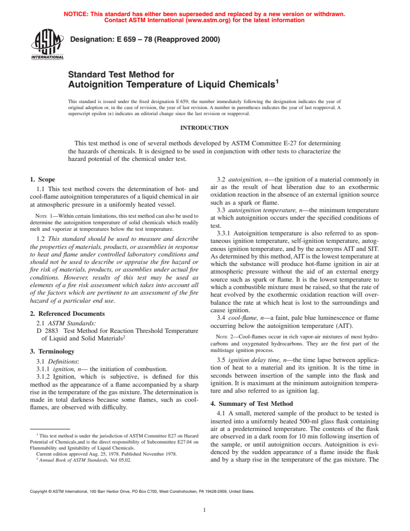 ASTM E659-78(2000) - Standard Test Method for Autoignition Temperature of Liquid Chemicals