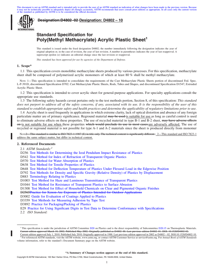 REDLINE ASTM D4802-10 - Standard Specification for Poly(Methyl Methacrylate) Acrylic Plastic Sheet