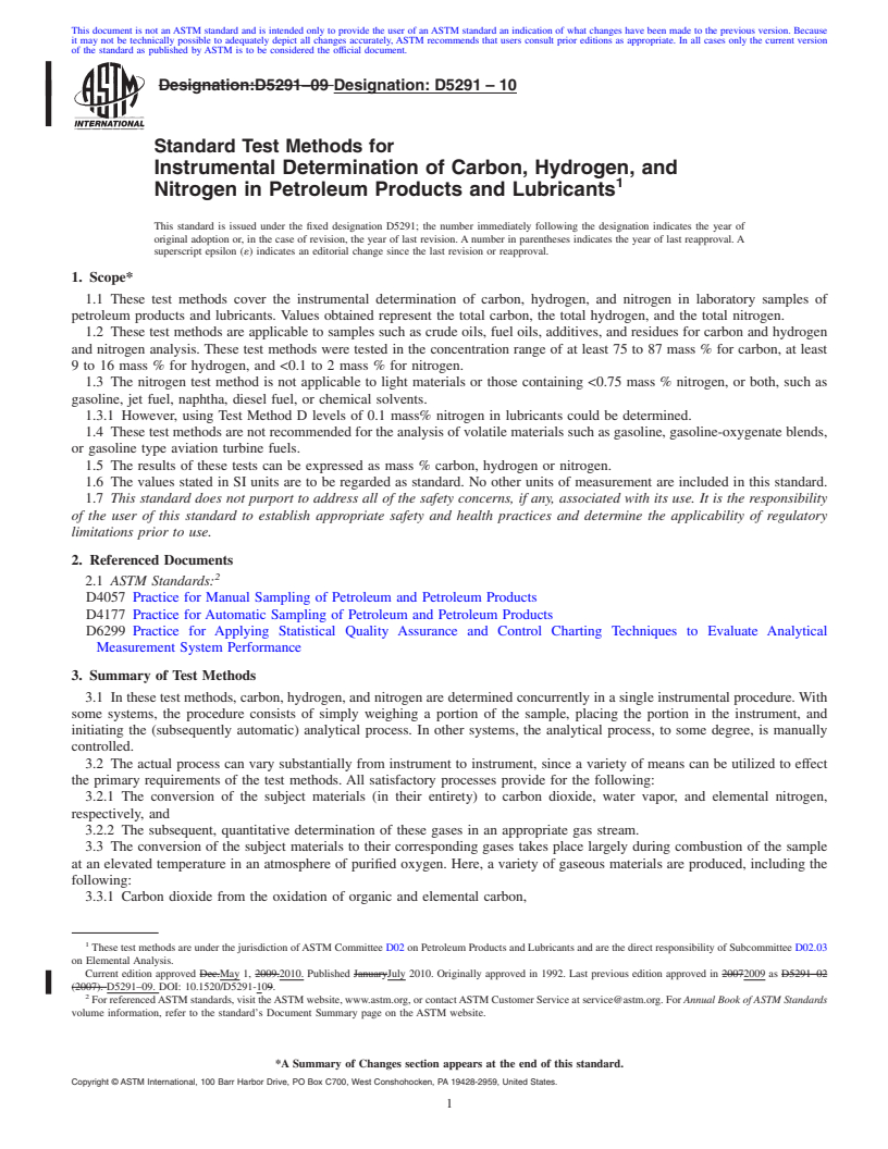 REDLINE ASTM D5291-10 - Standard Test Methods for Instrumental Determination of Carbon, Hydrogen, and Nitrogen in Petroleum Products and Lubricants