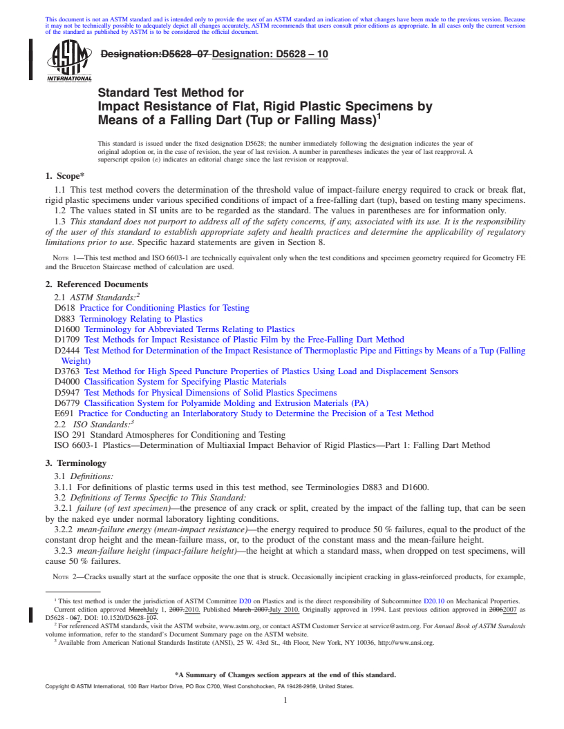 REDLINE ASTM D5628-10 - Standard Test Method for Impact Resistance of Flat, Rigid Plastic Specimens by Means of a Falling Dart (Tup or Falling Mass)