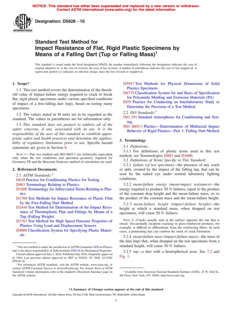 ASTM D5628-10 - Standard Test Method for Impact Resistance of Flat, Rigid Plastic Specimens by Means of a Falling Dart (Tup or Falling Mass)