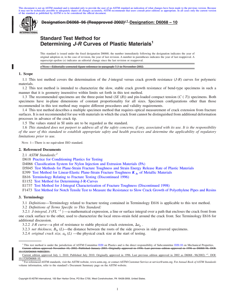 REDLINE ASTM D6068-10 - Standard Test Method for Determining J-R Curves of Plastic Materials