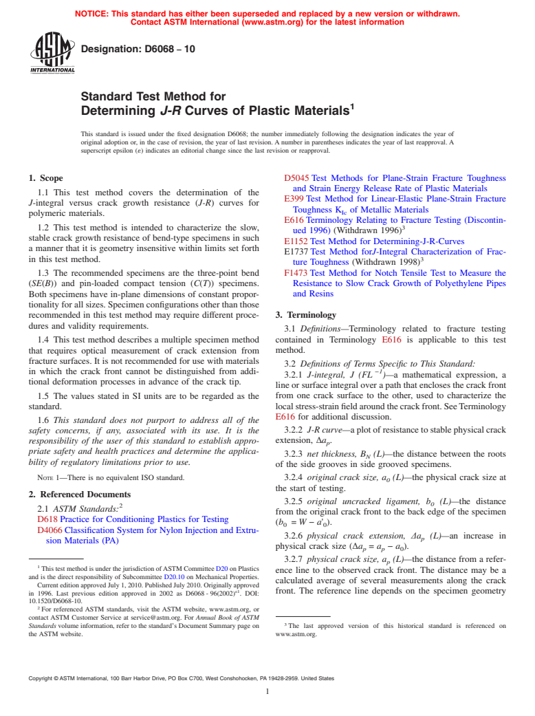 ASTM D6068-10 - Standard Test Method for Determining J-R Curves of Plastic Materials