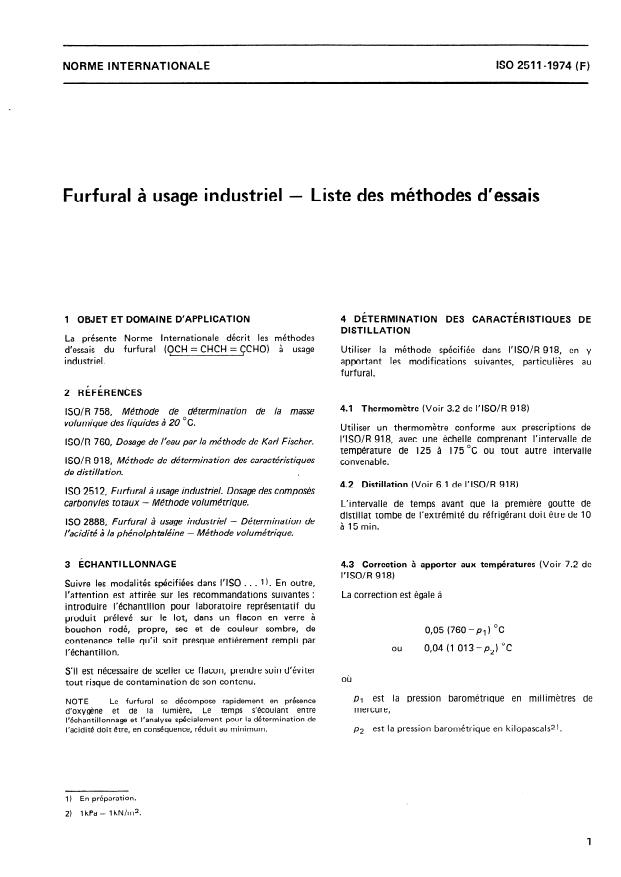 ISO 2511:1974 - Furfural a usage industriel -- Liste des méthodes d'essais