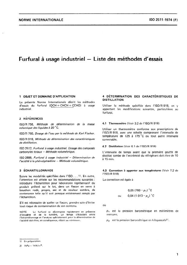 ISO 2511:1974 - Furfural a usage industriel -- Liste des méthodes d'essais