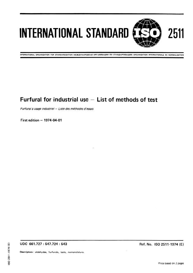 ISO 2511:1974 - Furfural for industrial use -- List of methods of test