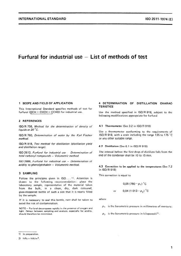 ISO 2511:1974 - Furfural for industrial use -- List of methods of test