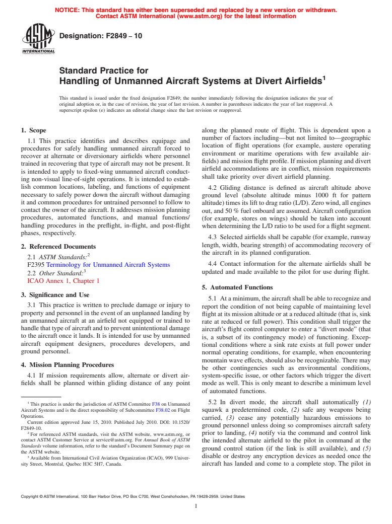 ASTM F2849-10 - Standard Practice for Handling of Unmanned Aircraft Systems at Divert Airfields