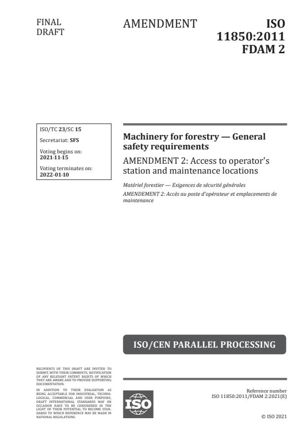 ISO 11850:2011/FDAmd 2 - Access to operator's station and maintenance locations