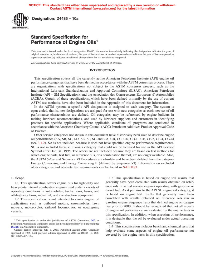 ASTM D4485-10a - Standard Specification for Performance of Engine Oils