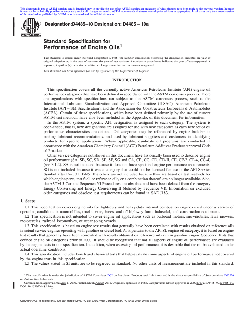 REDLINE ASTM D4485-10a - Standard Specification for Performance of Engine Oils