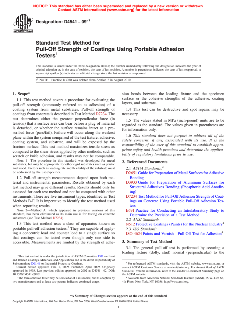 ASTM D4541-09e1 - Standard Test Method for Pull-Off Strength of Coatings Using Portable Adhesion Testers