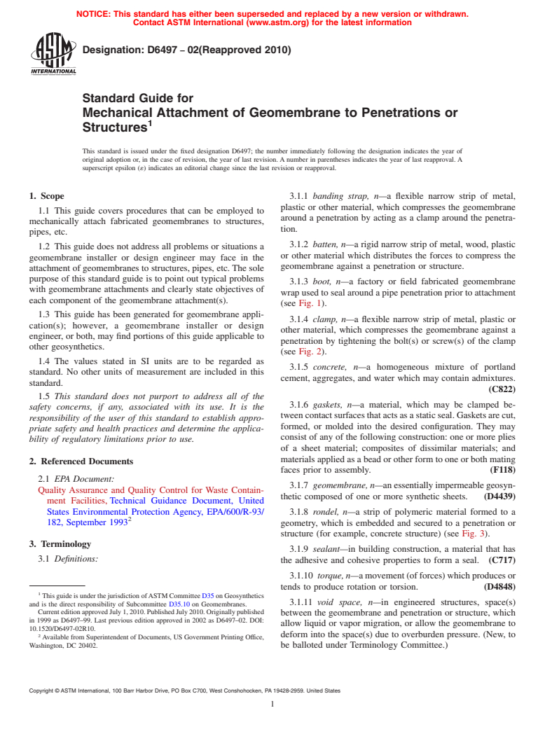 ASTM D6497-02(2010) - Standard Guide for Mechanical Attachment of Geomembrane to Penetrations or Structures