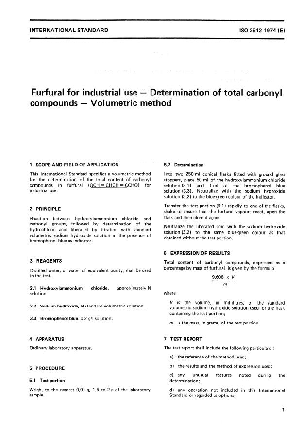 ISO 2512:1974 - Furfural for industrial use -- Determination of total carbonyl compounds -- Volumetric method