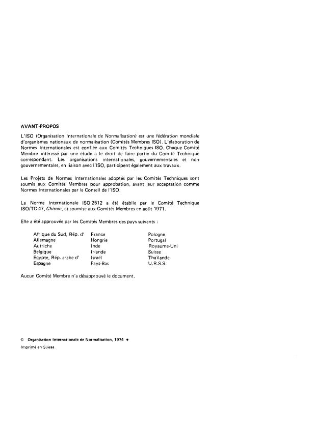 ISO 2512:1974 ISO 2512:1974 - Furfural a usage industriel -- Dosage des composés carbonylés totaux -- Méthode volumétrique - Page 2 preview
