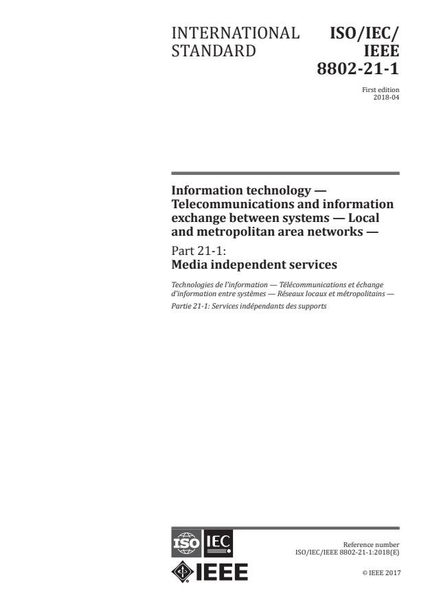 ISO/IEC/IEEE 8802-21-1:2018 - Information technology -- Telecommunications and information exchange between systems -- Local and metropolitan area networks