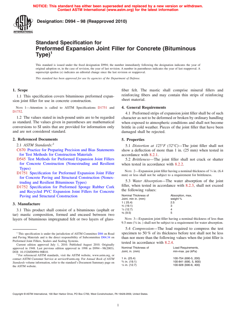 ASTM D994-98(2010) - Standard Specification for Preformed Expansion Joint Filler for Concrete (Bituminous Type)