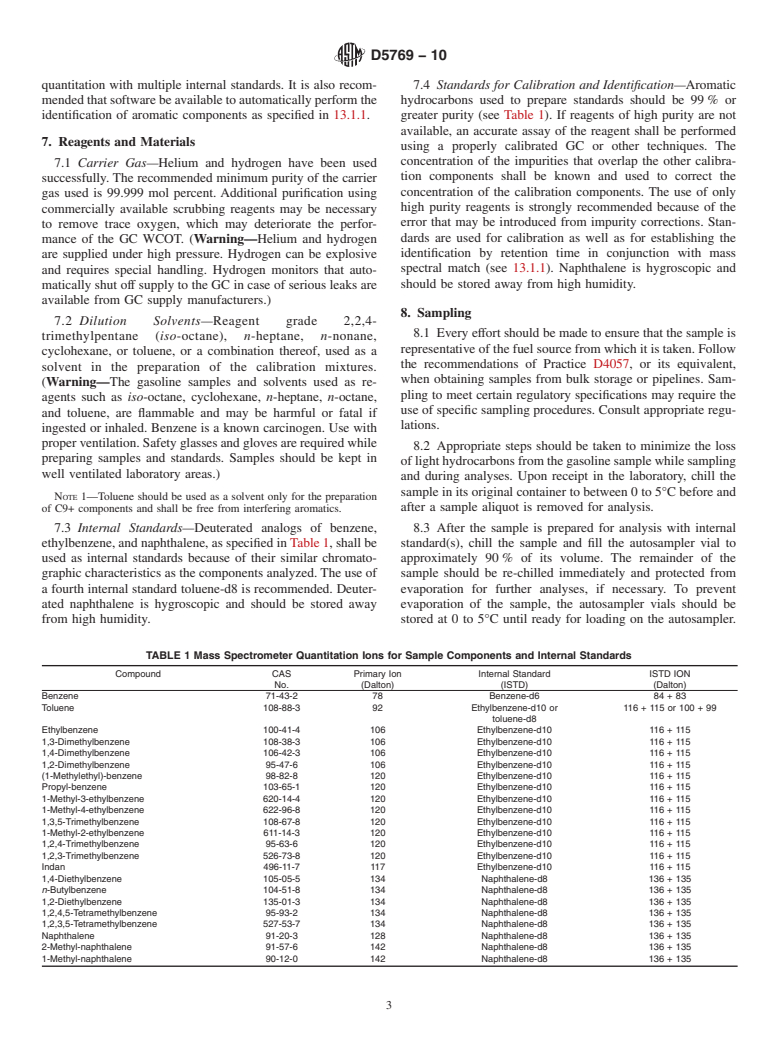 ASTM D5769-10 - Standard Test Method for Determination of Benzene, Toluene, and Total Aromatics in Finished Gasolines by Gas Chromatography/Mass Spectrometry