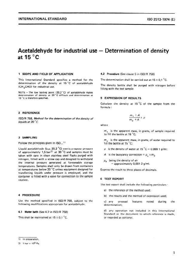 ISO 2513:1974 - Acetaldehyde for industrial use -- Determination of density at 15 degrees C
