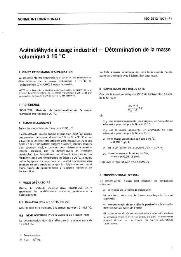 ISO 2513:1974 - Acétaldéhyde a usage industriel -- Détermination de la masse volumique a 15 degrés C