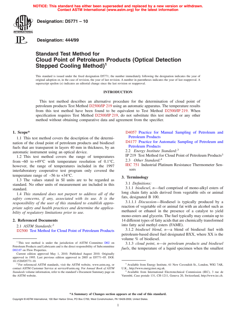 ASTM D5771-10 - Standard Test Method for Cloud Point of Petroleum Products (Optical Detection Stepped Cooling Method)