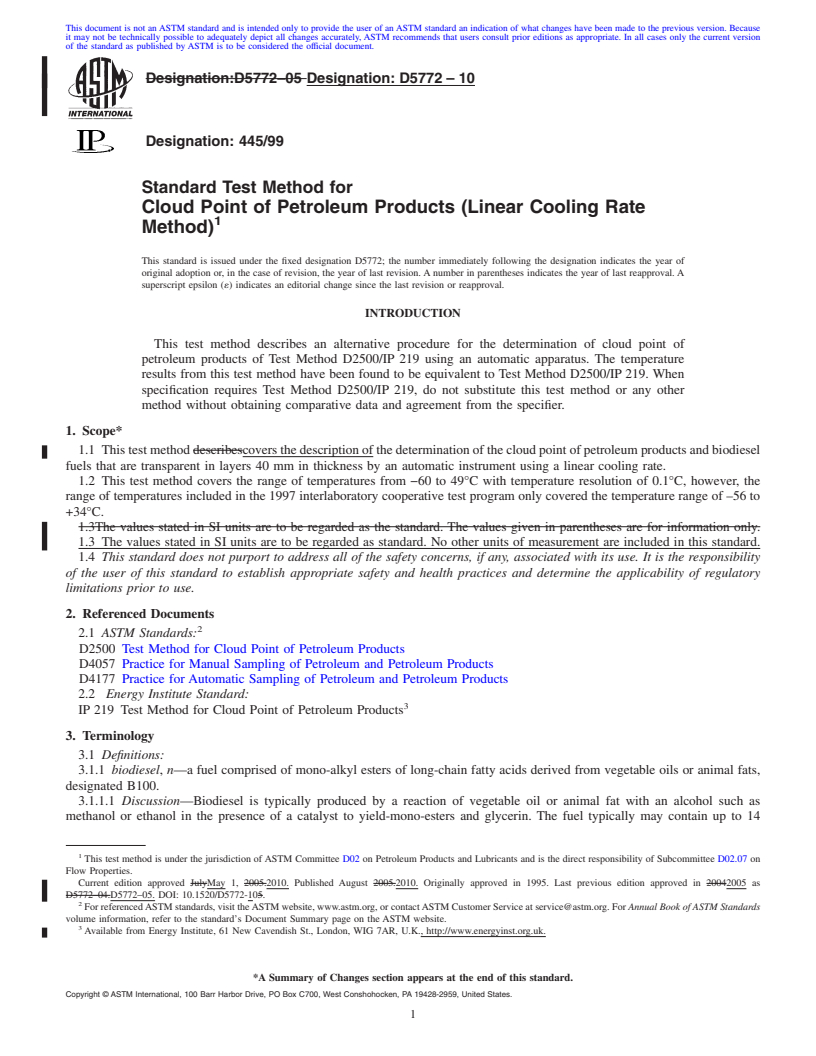 REDLINE ASTM D5772-10 - Standard Test Method for Cloud Point of Petroleum Products (Linear Cooling Rate Method)
