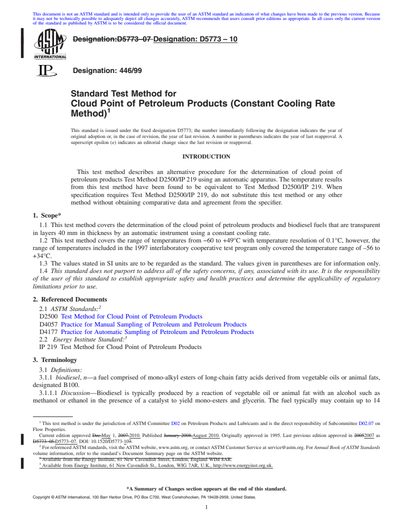 REDLINE ASTM D5773-10 - Standard Test Method for Cloud Point of Petroleum Products (Constant Cooling Rate Method)