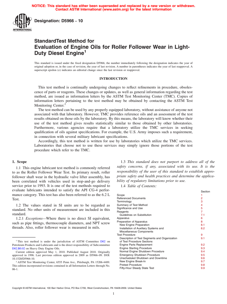 ASTM D5966-10 - Standard Test Method for Evaluation of Engine Oils for Roller Follower Wear in Light-Duty Diesel Engine