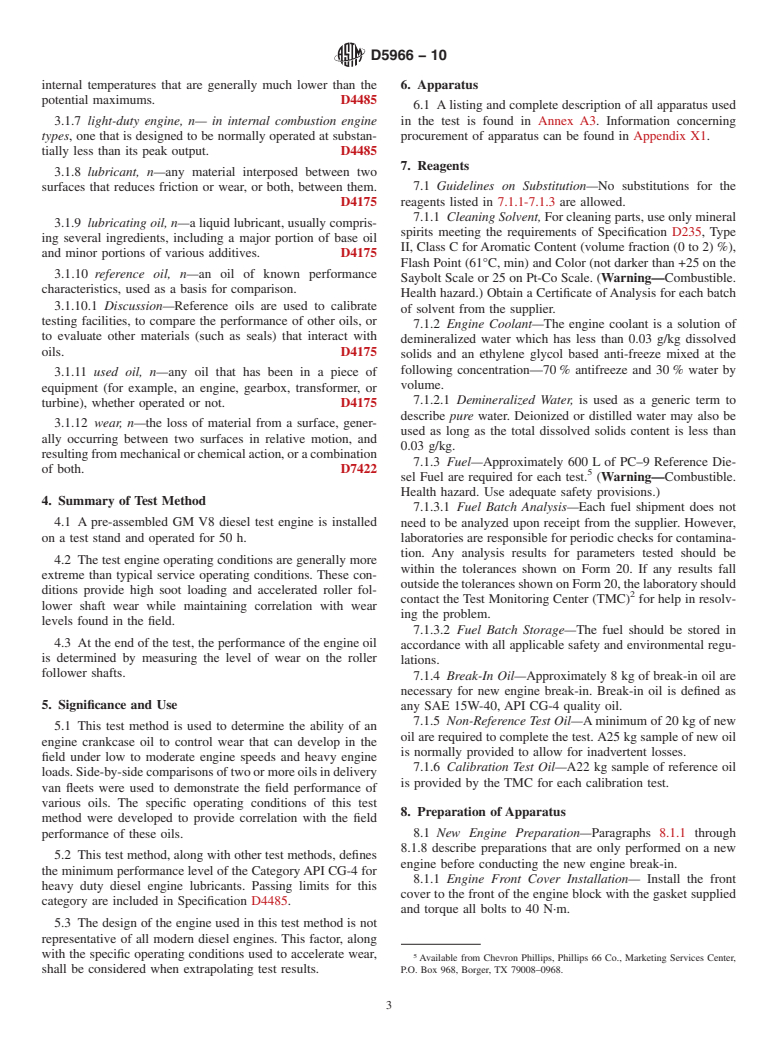 ASTM D5966-10 - Standard Test Method for Evaluation of Engine Oils for Roller Follower Wear in Light-Duty Diesel Engine