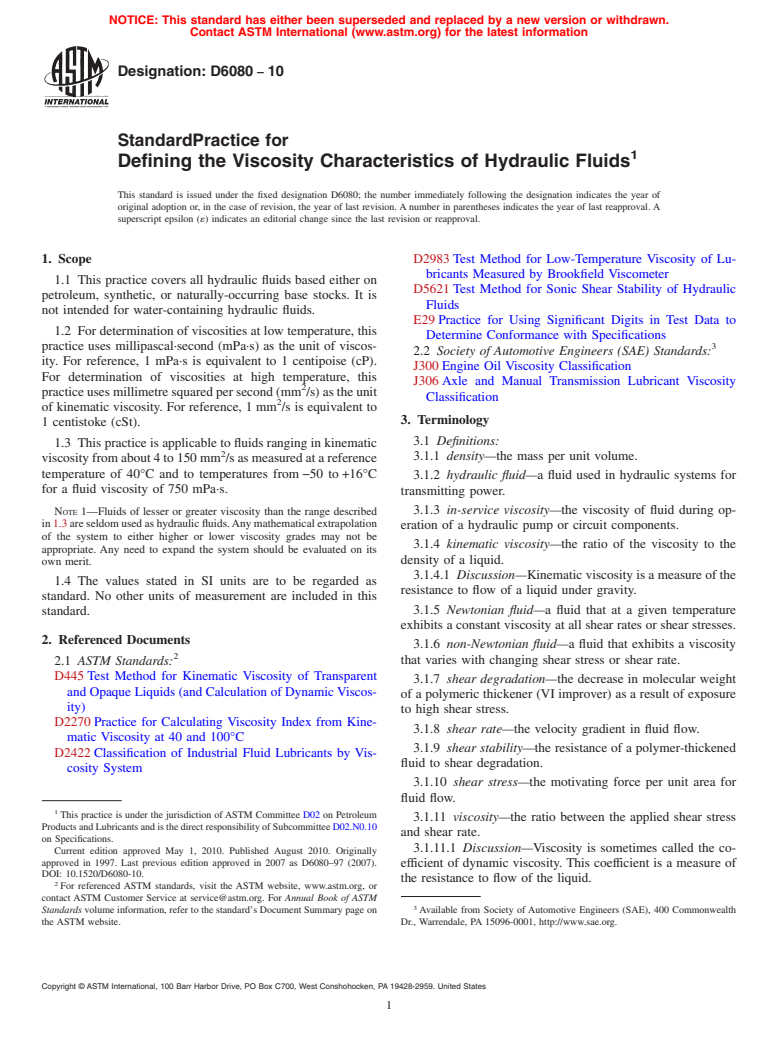 ASTM D6080-10 - Standard Practice for Defining the Viscosity Characteristics of Hydraulic Fluids