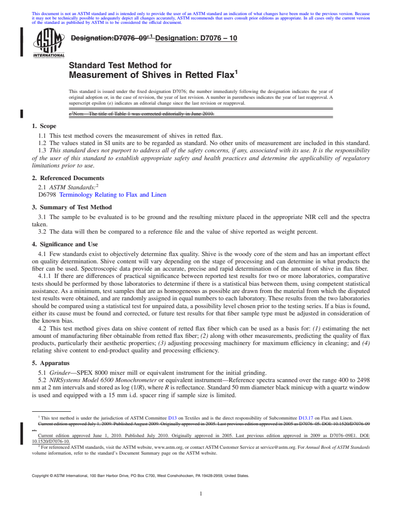 REDLINE ASTM D7076-10 - Standard Test Method for Measurement of Shives in Retted Flax