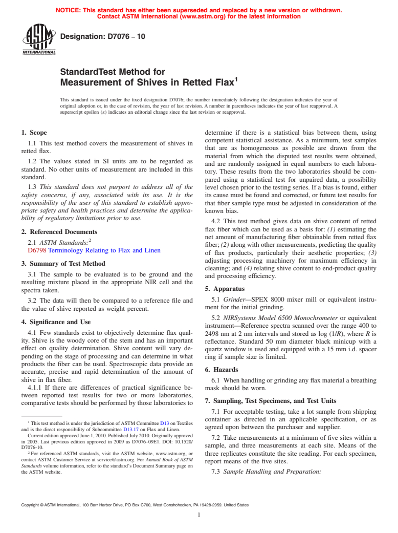 ASTM D7076-10 - Standard Test Method for Measurement of Shives in Retted Flax