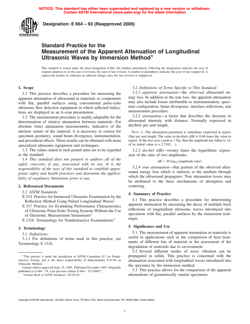 ASTM E664-93(2000) - Standard Practice for the Measurement of the Apparent Attenuation of Longitudinal Ultrasonic Waves by Immersion Method