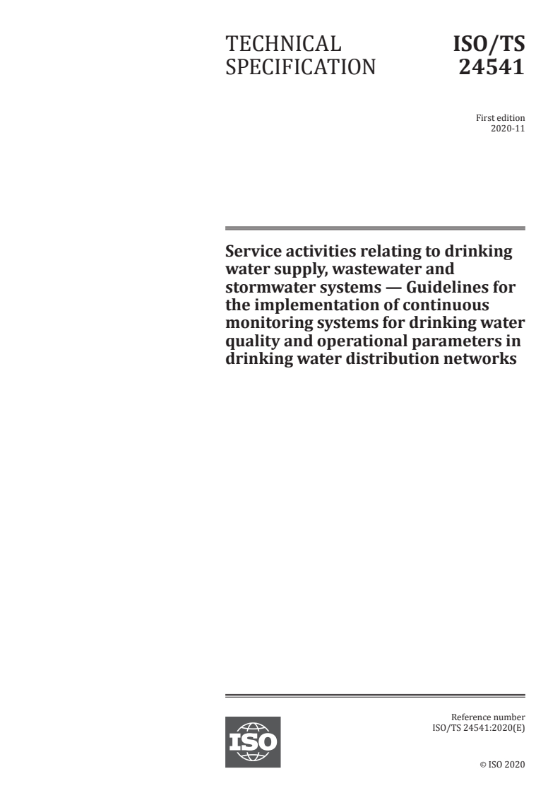 ISO/TS 24541:2020 - Service activities relating to drinking water supply, wastewater and stormwater systems — Guidelines for the implementation of continuous monitoring systems for drinking water quality and operational parameters in drinking water distribution networks
Released:11/30/2020